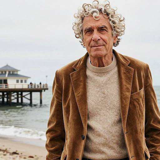 Elderly Man with Loose Curls by Seaside Pier