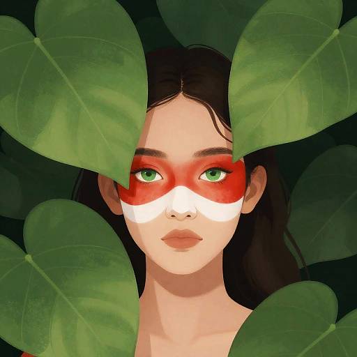 Young Woman with Tribal Face Paint Among Leaves