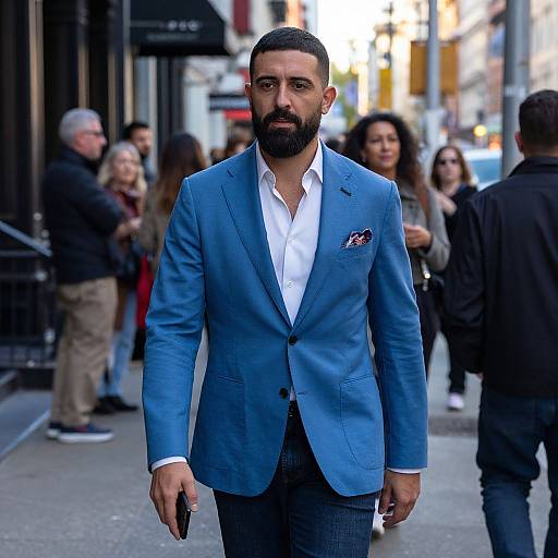 Photograph of a bearded man with short black hair, wearing a blue blazer, white shirt, and patterned pocket square, walking confidently on
