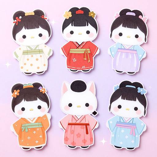 Chibi-style illustration of six Japanese anime-style girls in kimonos, each with distinct hair colors and floral hair accessories, arranged in a 3