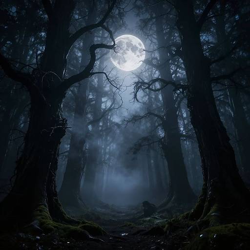 Ghostly Moonlit Forest with Fog