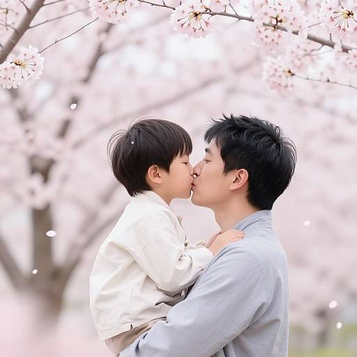Father and Son Under Cherry Blossoms