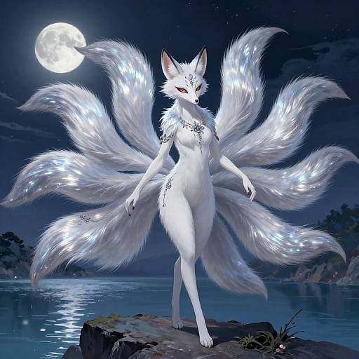 Elegant Kitsune on Moonlit Cliff