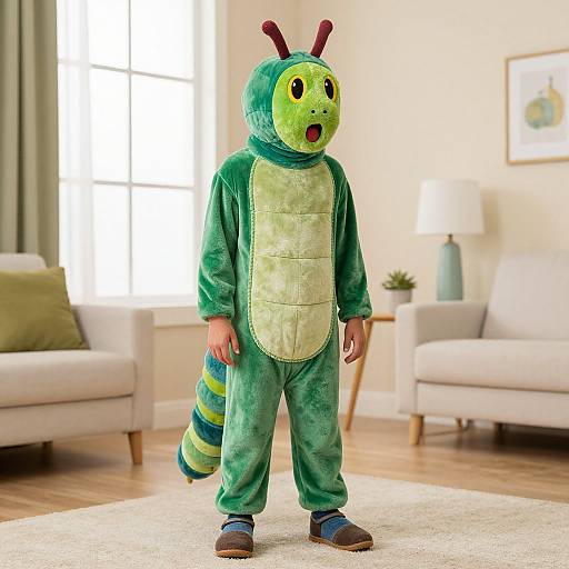 Photograph of a child wearing a green and yellow plush snake costume with red antlers, standing in a bright, modern living room.