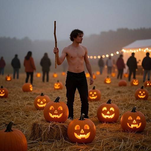 Photograph of a shirtless, curly-haired man holding a stick, standing among glowing jack-o'-lanterns in a foggy pumpkin patch at