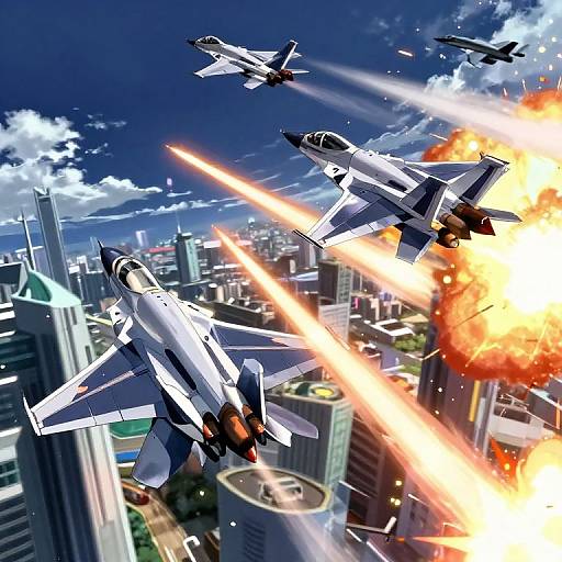 Digital illustration of four fighter jets in mid-air combat over a bustling cityscape, with bright orange missile trails and fiery explosions.