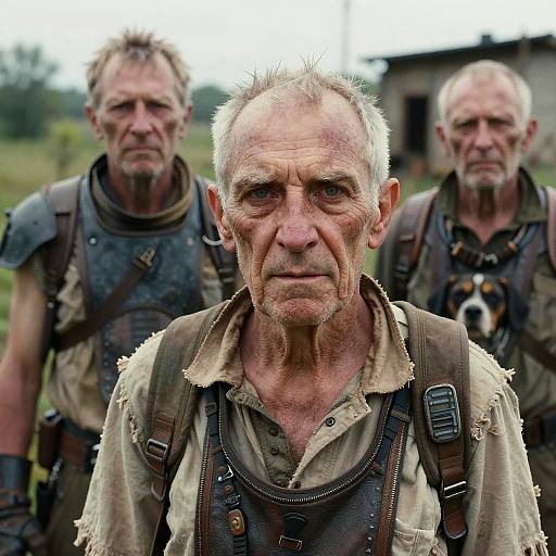 Photograph of three rugged, weathered men with short, greying hair, wearing tattered, leather armor and dirty shirts, standing outdoors. Front