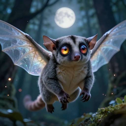 Digital artwork of a fantastical, furry bat-like creature with glowing orange eyes and translucent, glowing wings, flying in a moonlit forest.