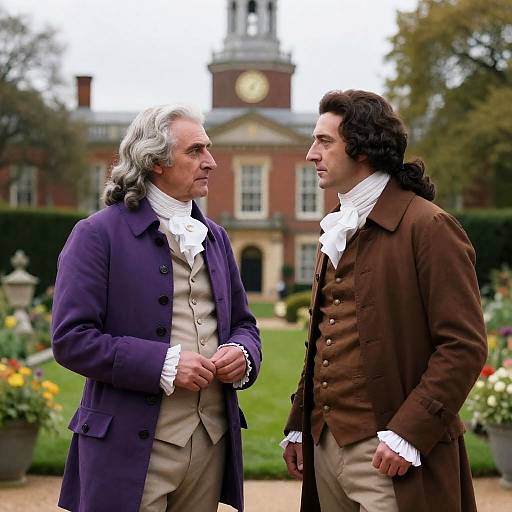 Two Elderly Men in 18th Century Clothing in Garden