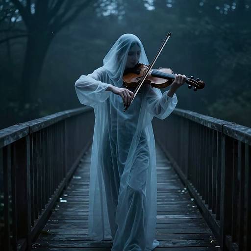 Mysterious ghostly figure in translucent white robe plays violin on a wooden bridge at night, surrounded by dark, misty forest.