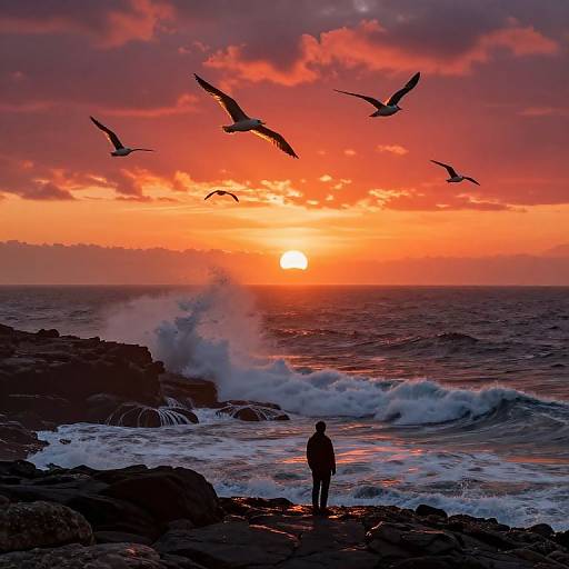 Photograph of a silhouetted person standing on rocky shore, watching vibrant orange sunset, with five birds flying overhead and waves crashing.