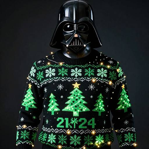 Photorealistic CGI of Darth Vader in a black helmet and mask, wearing a glowing Christmas sweater with green trees and 