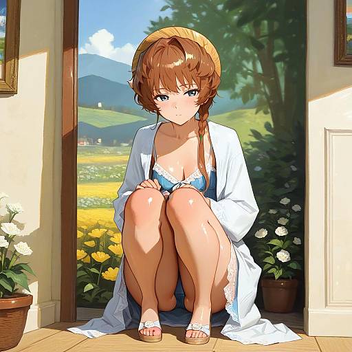 Anime-style digital illustration of a brown-haired girl with blue eyes, wearing a white robe and blue lace bra, squatting by an open door with a