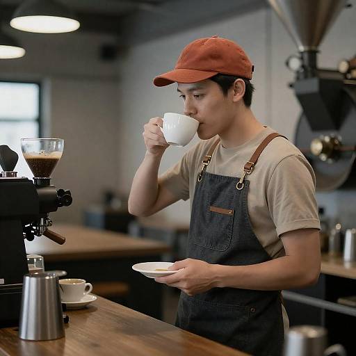Barista on Break in Terracotta Hat