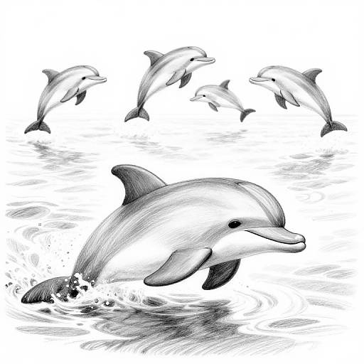 Black-and-white digital drawing of dolphins, with one prominent dolphin leaping out of the water in the foreground, and five others in mid-air behind.
