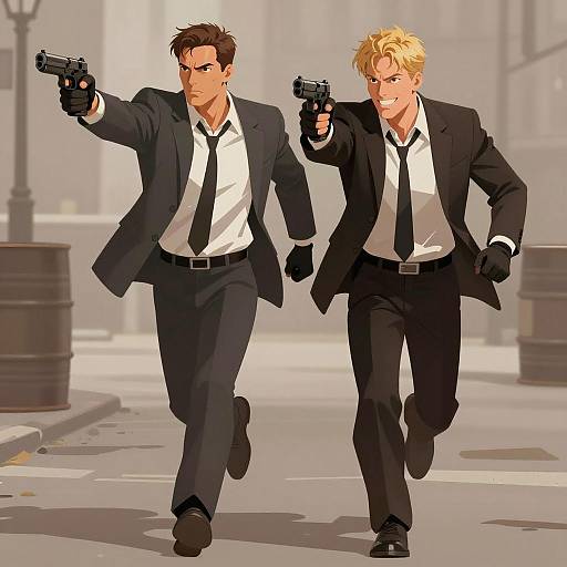 Dynamic Duo in Dark Suits Running
