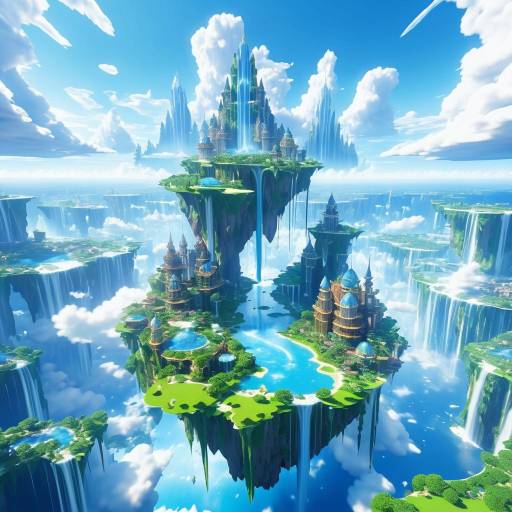 Floating Island City with Waterfalls in the Sky