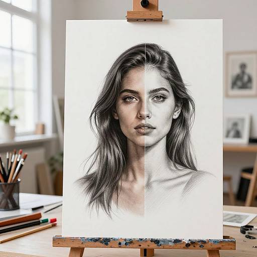 Black-and-white pencil portrait of a serious young woman with long hair, displayed on a wooden easel in a bright, cluttered studio.