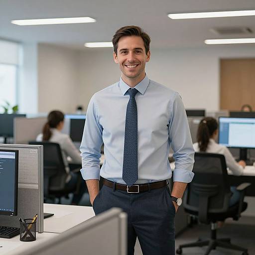 Photograph of a smiling, young white man with short brown hair, wearing a light blue shirt, dark tie, and black pants, standing in a