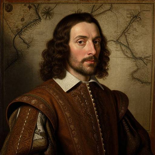 Historical portrait of a long-haired, bearded man in elaborate brown Renaissance attire, with a detailed, weathered map background. Digital artwork.
