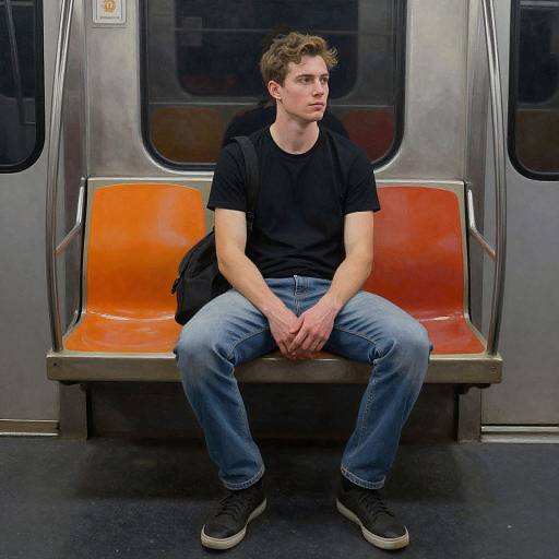 Photograph of a young white man with curly brown hair, wearing a black t-shirt, blue jeans, and black sneakers, sitting on an orange subway
