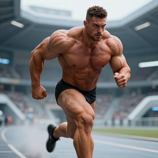 Photograph of a muscular, tan-skinned man with short brown hair running in black briefs and shoes in a stadium, focused expression, powerful build