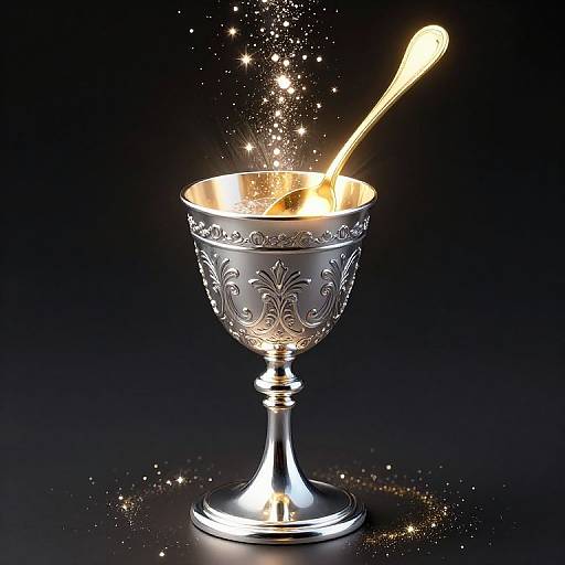Photograph of a silver, ornately embossed cup with a glowing, golden spoon, emitting sparkling stars against a dark background.
