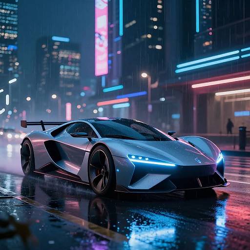 Photorealistic CGI of a sleek, silver, blue-lit, high-performance sports car driving on a rainy, neon-lit city street at night