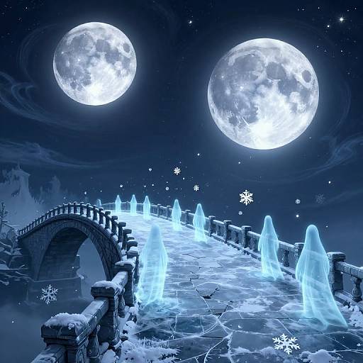 Moonlit night scene with two bright full moons, icy blue fountains on a snow-covered stone bridge, and snowflakes in the dark sky.