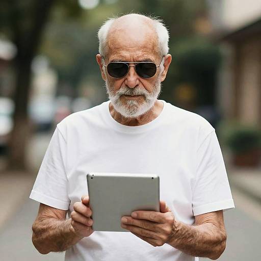 Bearded Elder Man Holding Tablet Outdoors