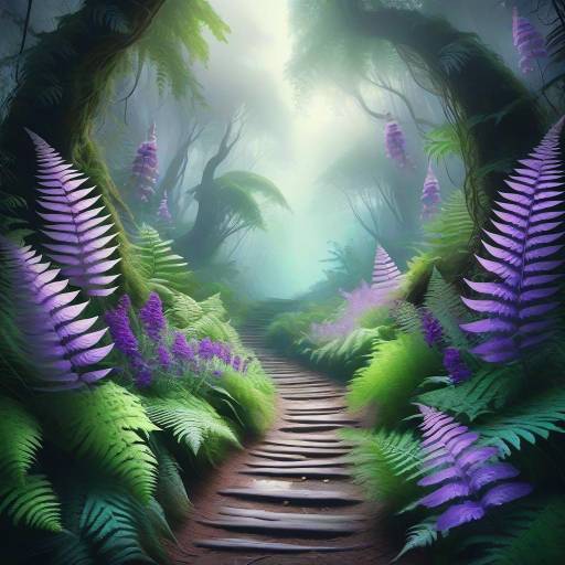 Dreamy Forest Path with Ferns and Flowers