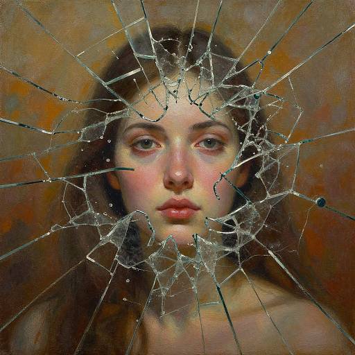 Digital painting of a young woman with porcelain skin and brown eyes, her face shattered by a large, intricate glass crack. Warm, brownish-orange background