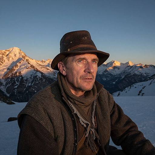 Photograph of a rugged, middle-aged man with a mustache, wearing a black hat and wool coat, standing in a snowy mountain landscape at sunset