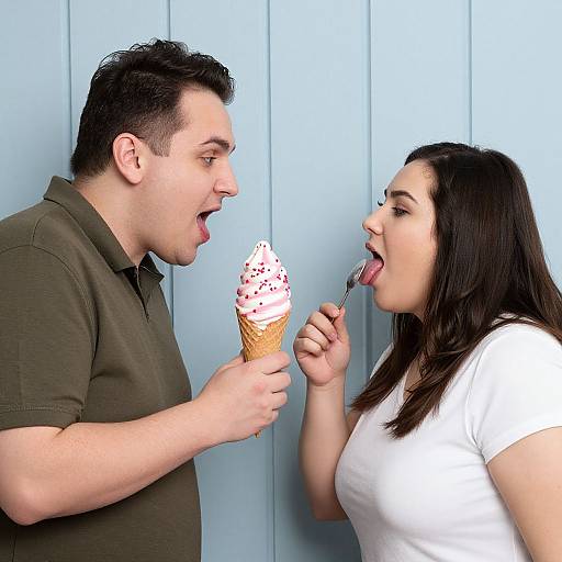Photograph of a surprised man in a green polo shirt holding a pink-frosted ice cream cone, a woman in a white shirt licking a spoon