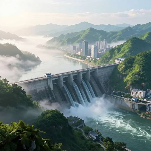 Aerial photograph of a large dam releasing water into a misty river, surrounded by lush green mountains and a city skyline in the background.
