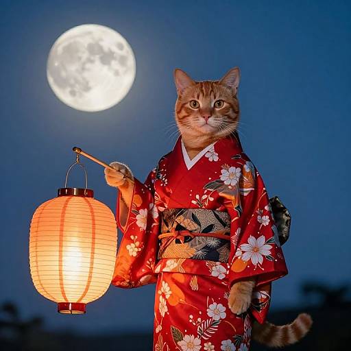 Radiant Cat in Kimono Under Moonlight