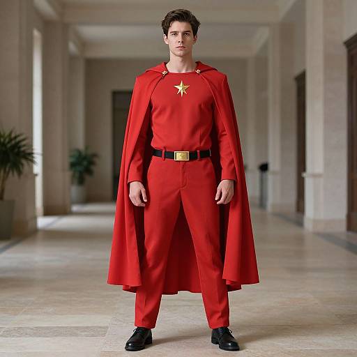 Photograph of a young, handsome man with short brown hair, wearing a red superhero cape and suit with a gold star, black belt, and black