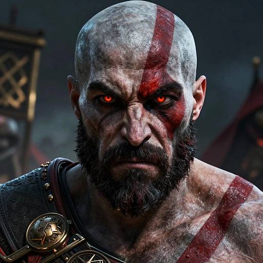 CGI portrait of a bald, muscular, bearded warrior with red eyes, blood-streaked face, and armor, glowing in dramatic lighting.