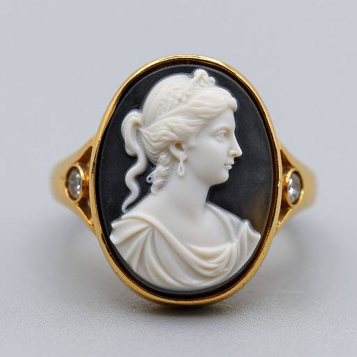 Photograph of an elegant white cameo ring featuring a profile of a classical-style woman with wavy hair and draped shoulders, set in a gold oval frame