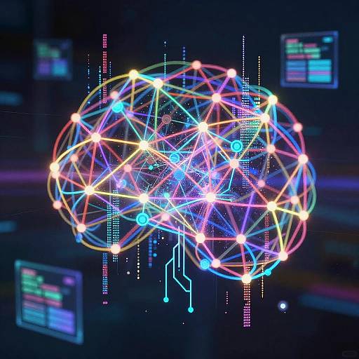 Digital CGI of a glowing, neon-colored 3D network sphere with interconnected nodes in vibrant blues, purples, and yellows, set against a