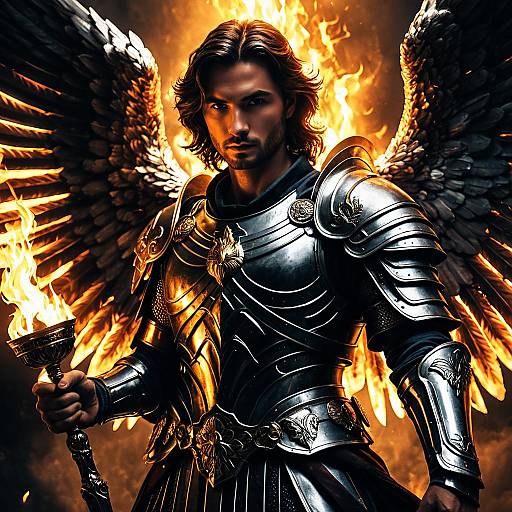 Dark Archangel with Fiery Wings and Armor