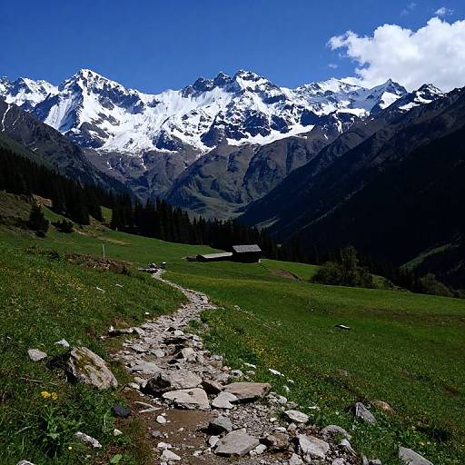 Photograph of a rocky path leading to a grassy field with a small wooden cabin, set against a backdrop of snow-capped mountains under a bright