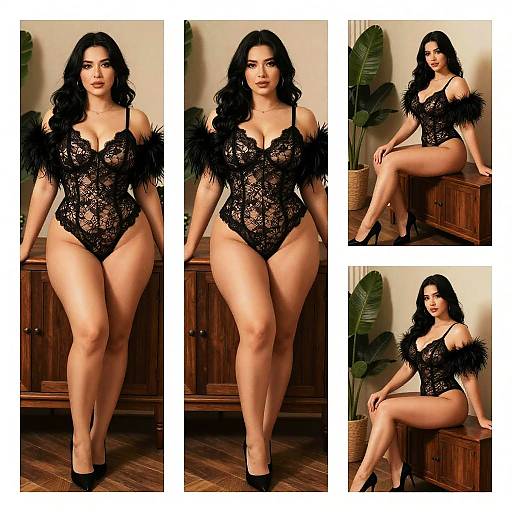 Photograph of a curvy woman with long black hair, wearing a black lace bodysuit with feather sleeves and black heels, posing confidently in a