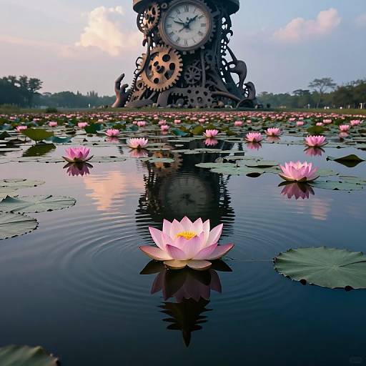 Photograph of a clock tower with gears, reflected in a pond with pink water lilies and ripples, under a blue sky.