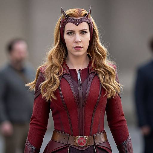 Photograph of a woman with long, wavy blonde hair in a red, form-fitting superhero costume with black accents and a headpiece, standing