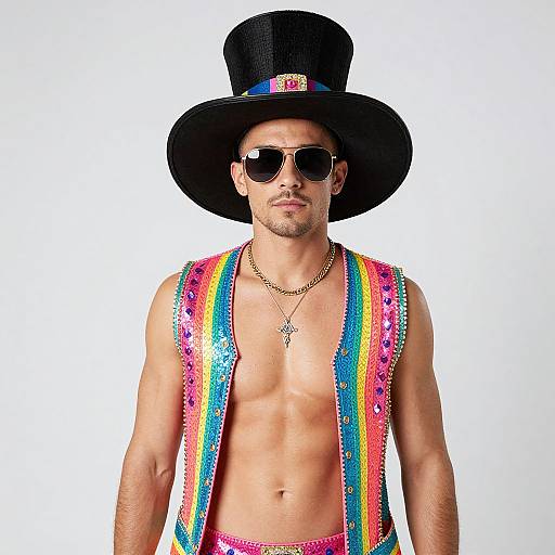 Photograph of a muscular, shirtless man wearing a black top hat, sunglasses, rainbow sequin vest, gold chain, and pink pants, against