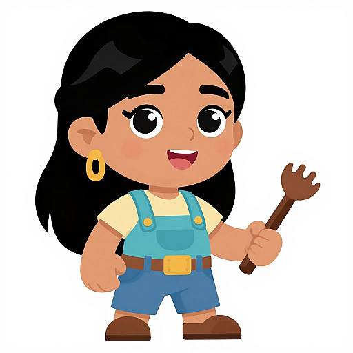 Cartoon-style illustration of a smiling Latina girl with black hair, wearing blue overalls, yellow shirt, brown shoes, holding a wooden tool, and