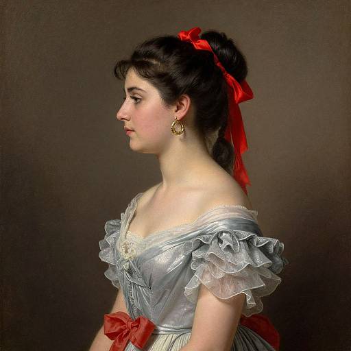 Photograph of a young woman in profile, wearing a silver off-shoulder dress with ruffles, red ribbons, and gold earrings, against