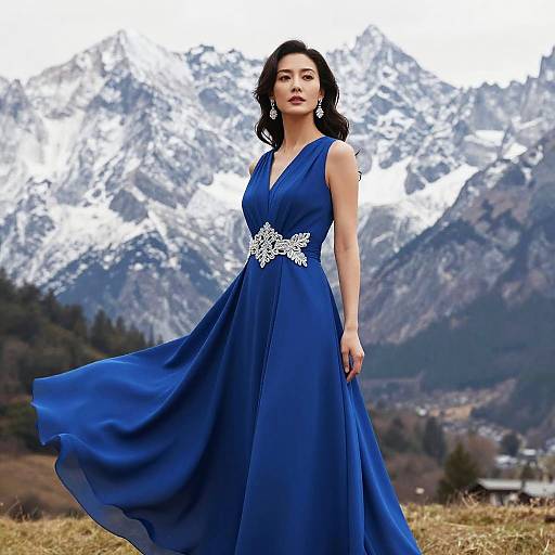 Photograph of an elegant Asian woman with dark hair in a flowing royal blue evening gown, adorned with sparkling silver embellishments, standing against a backdrop of