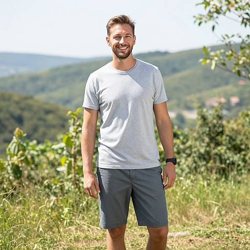 Photograph of a smiling bearded man in a light grey t-shirt and grey shorts, standing in a sunlit, green, hilly meadow